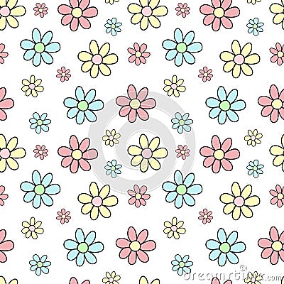 Seamless pattern of hand-drawn multicolored flowers. Vector background image for holiday, baby shower, girlâ€™s birthday, prints i Stock Photo